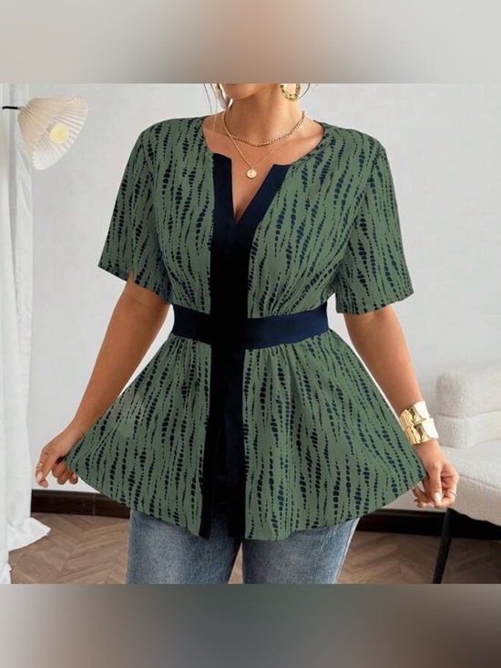 SHEIN Tops - 🆕 NEW Without Tags Women’s Olive Green Patterned Peplum Top w/ Black Trim - 2XL